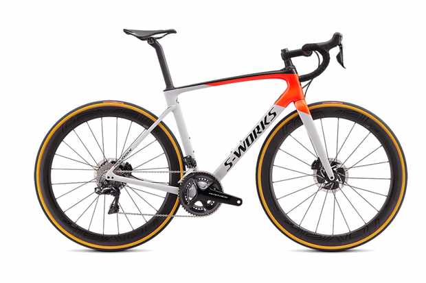 Photograph of a red and white bikes with S-Works written on the downtube