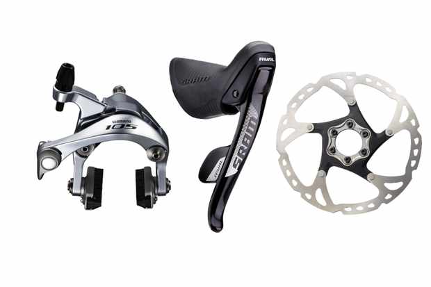 Collage image of a brake caliper, brake lever and disc brake rotor