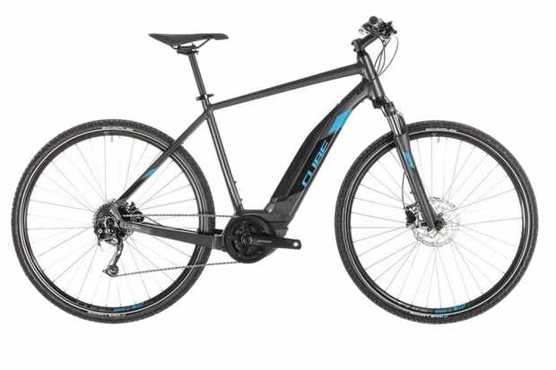 A black and blue electric bike on a white background