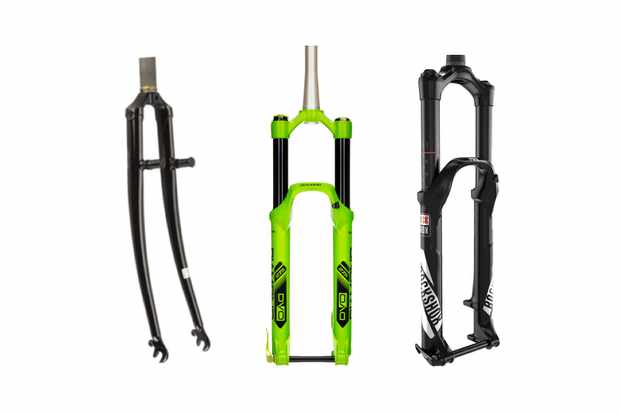 Collage image of 1 set of road forks and 2 sets of mountain bike suspension forks on a white background