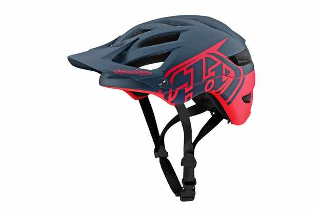 A red and black mountain bike helmet on a white background