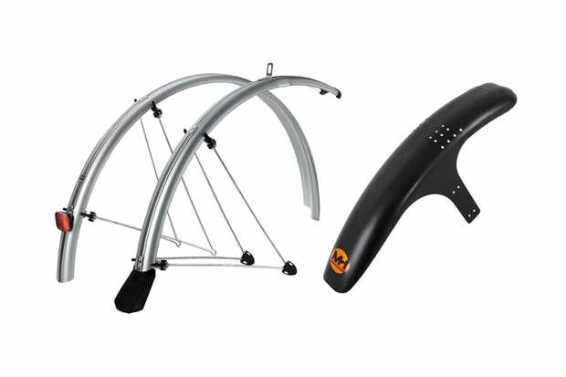 A set of silver road bike mudguards and a black front wheel mountain bike mudguard