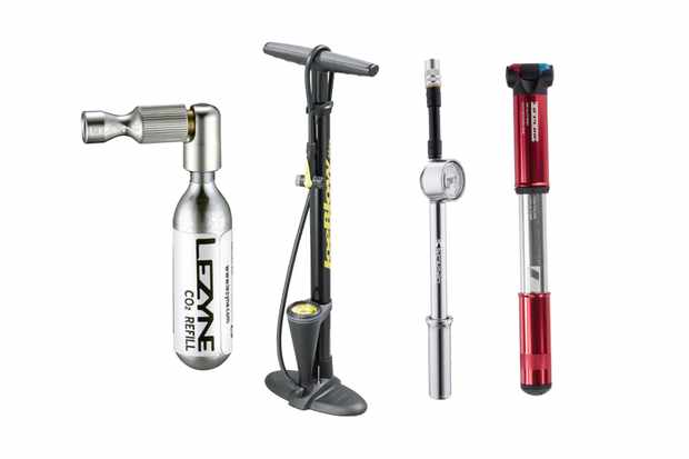 A collage of a track pump, two mini pumps and a CO2 inflator on a white background