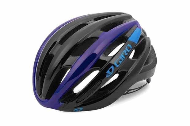 Image of black, purple and blue road cycling helmet on a white background