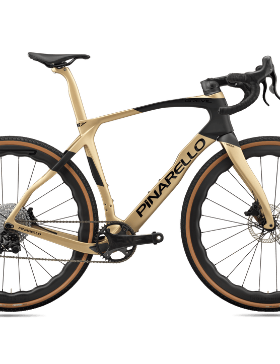 Pack shot of Pinarello Grevil black and gold against a white background